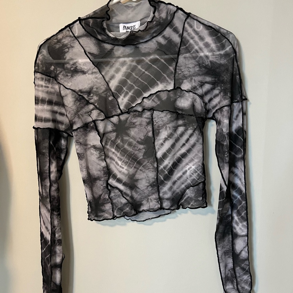 Black tie dye mesh top with open back